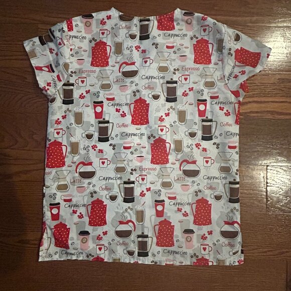 LOVE YOU LATTE Scrub Top Ladies  V-Neck 2 Pocket Scrub Top Size Small Coffee - Picture 9 of 11